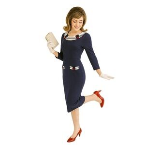 Womens Long Sleeve Striped Collar Accent Button Details Aline Dress M 60’s vibe